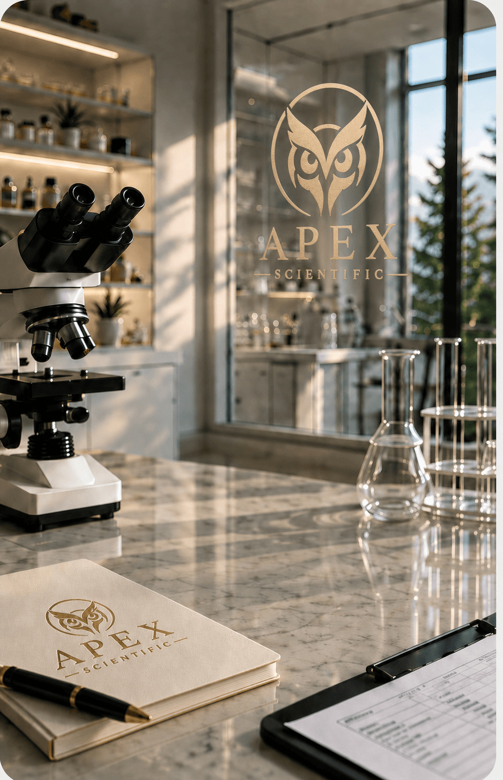 Modern Apex Scientific laboratory with a microscope and branded research notebook