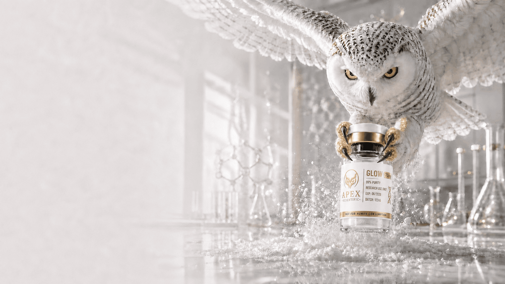 Snowy owl holding an Apex Scientific GLOW 70mg vial in a bright laboratory