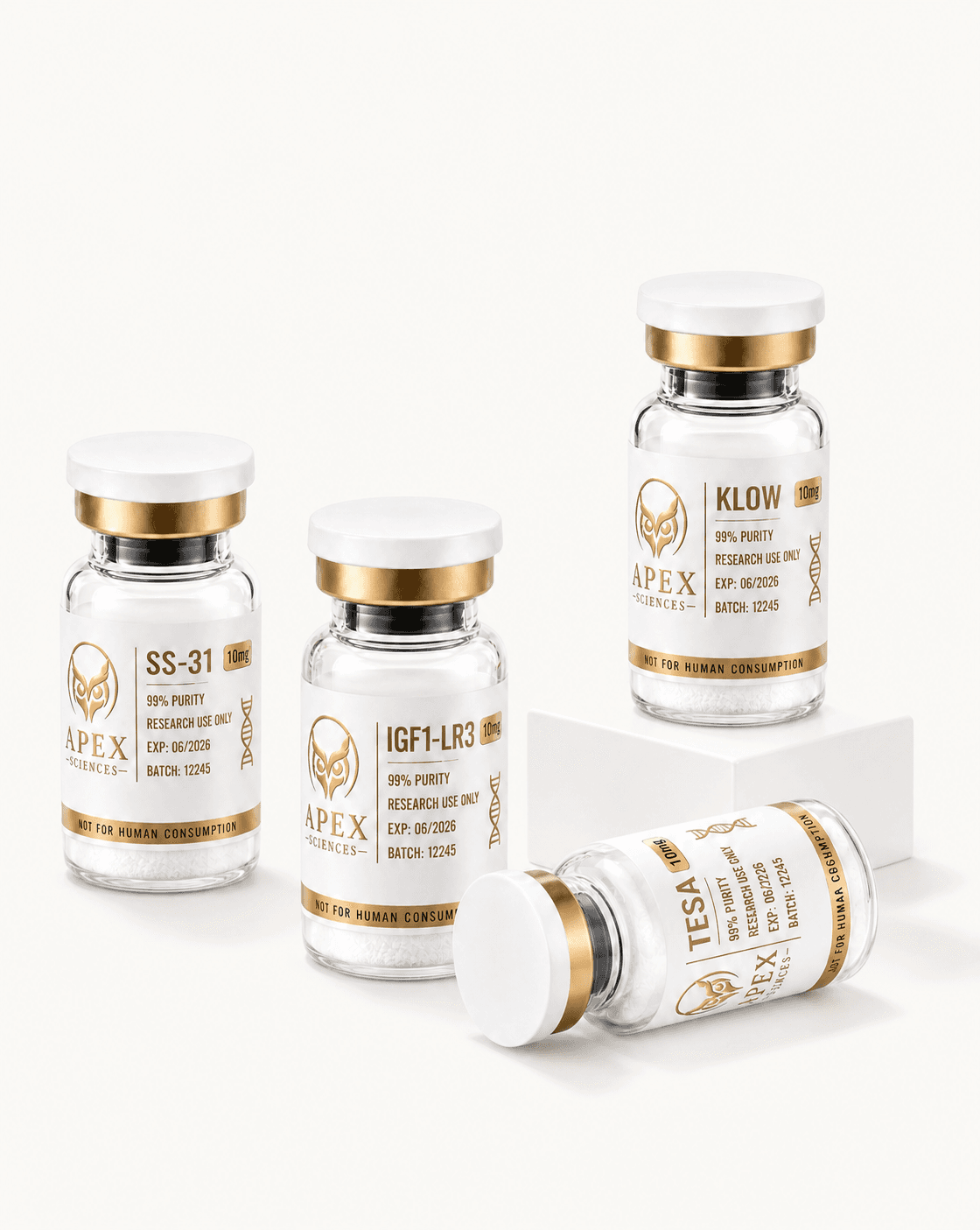 SS-31, IGF1-LR3, KLOW, and TESA research vials arranged on a bright laboratory surface